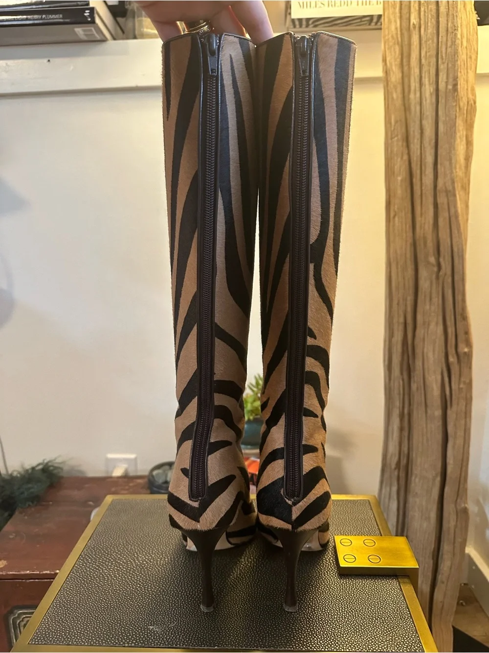 Manolo Blahnik Zebra-Print Over-the-Knee Boots in Black and Tan
